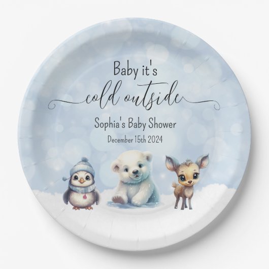 Winterdieren koud buiten Baby shower Papieren Bordje (Voorkant)