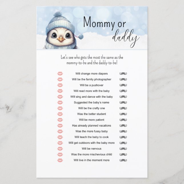 Winterdieren Mama of papa Baby shower Spel (Voorkant)