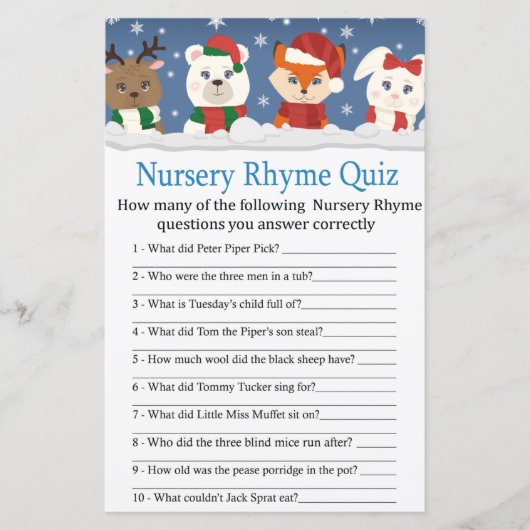 winterdieren Nursery Rhyme Quiz-baby shower (Voorkant)
