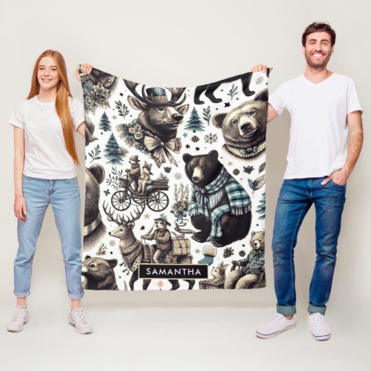 winterdieren patroon fleece deken (In situ)