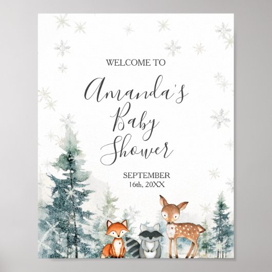 Winterdieren Sneeuwvlokken Baby shower Welkom Poster (Voorkant)