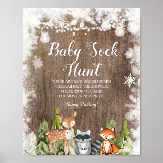 Winterdieren Sneeuwvlokken Hout Baby Sock Hunt Poster (Voorkant)