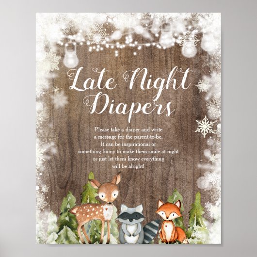 Winterdieren Sneeuwvlokken Hout Late Night Luiers Poster (Voorkant)