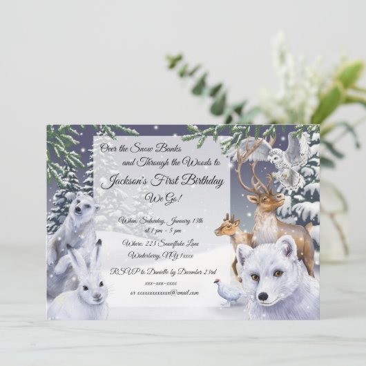 Winterdieren Uitnodiging voor de verjaardag van ki (Staand voorkant)