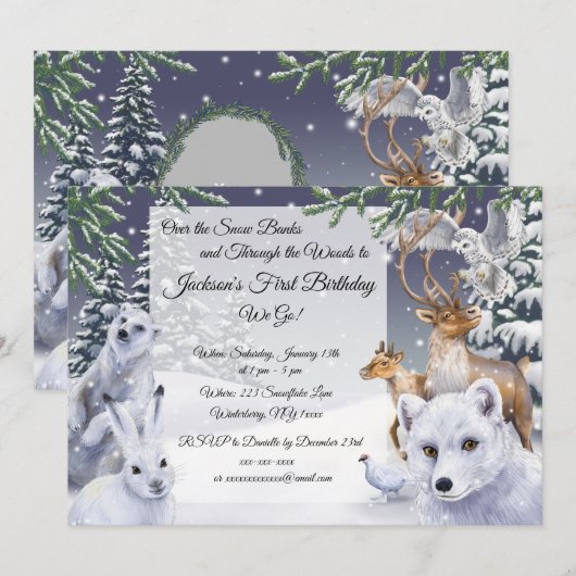 Winterdieren Uitnodiging voor de verjaardag van ki (Voorkant / Achterkant)