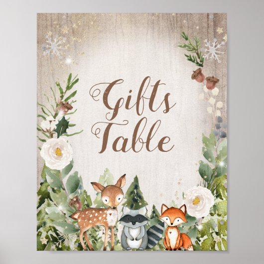 Winterdieren Woodland Floral Gifts Table Sign Poster (Voorkant)