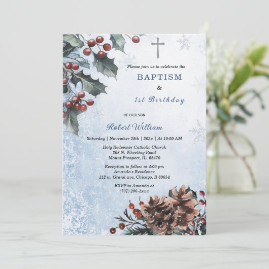 Winterdoop en 1e verjaardag uitnodiging (Staand voorkant)