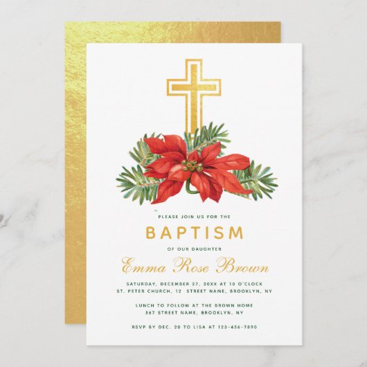 Winterdoop rond Kerstmis Poinsettia & Pine Kaart (Voorkant / Achterkant)