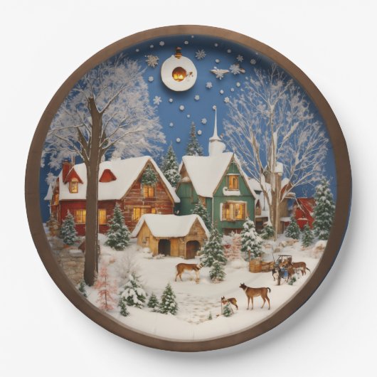 Winterdorp 3D Wall Art Papieren Bordje (Voorkant)