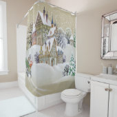 Winterdorp: besneeuwd, geïllustreerd landschap. douchegordijn (In situ)