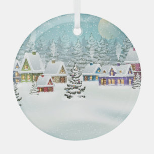 Winterdorp: besneeuwd landschap glas ornament