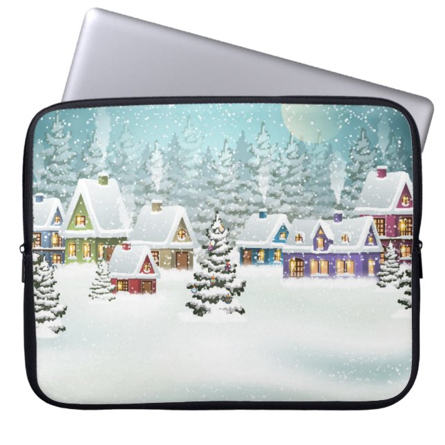 Winterdorp: besneeuwd landschap laptop sleeve (Voorkant)