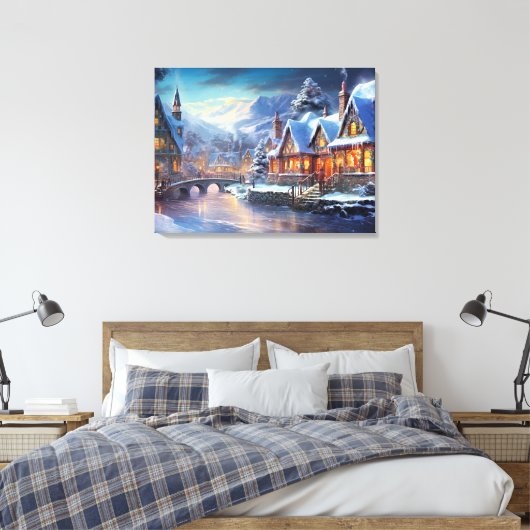 Winterdorp Illustratie Canvas Afdruk (Insitu (Slaapkamer))