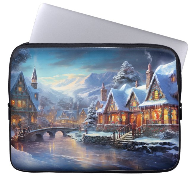 Winterdorp Illustratie Laptop Sleeve (Voorkant)