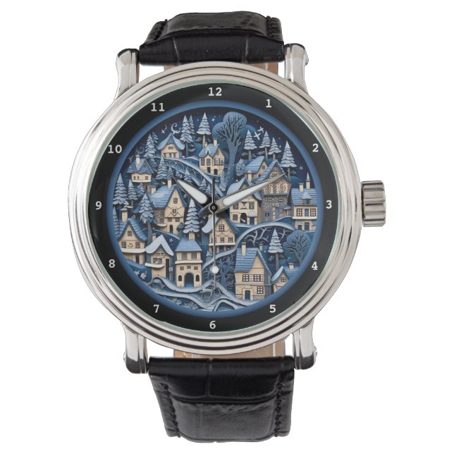 Winterdorp Kunst Nostalgisch Ontwerp Horloge (Voorkant)