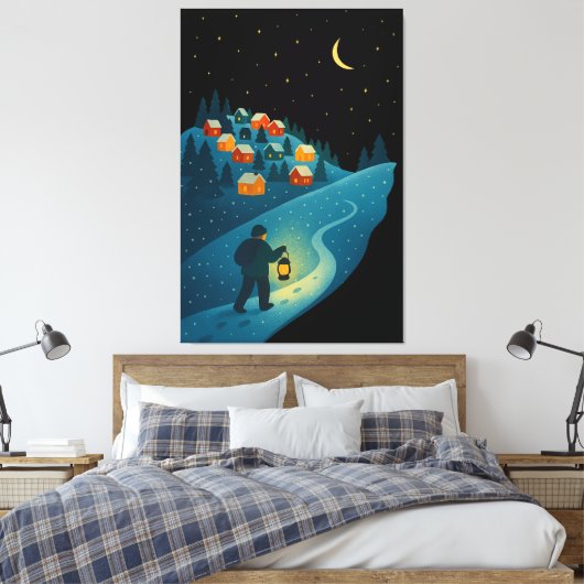 Winterdorp Lantaarn Wandel Nacht Wrapped Canvas A Afdruk (Insitu (Slaapkamer))