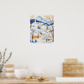 Winterdorp met bevroren bomen en besneeuwde heuvel poster (Keuken)