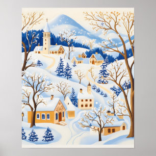 Winterdorp met bevroren bomen en besneeuwde heuvel poster