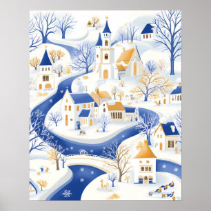 Winterdorp met kronkelende rivier en kerk poster