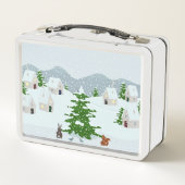 Winterdorp met sneeuw, konijn, eekhoorn en dennen (Achterkant)