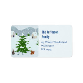 Winterdorp met sneeuw, konijn, eekhoorn en dennen etiket