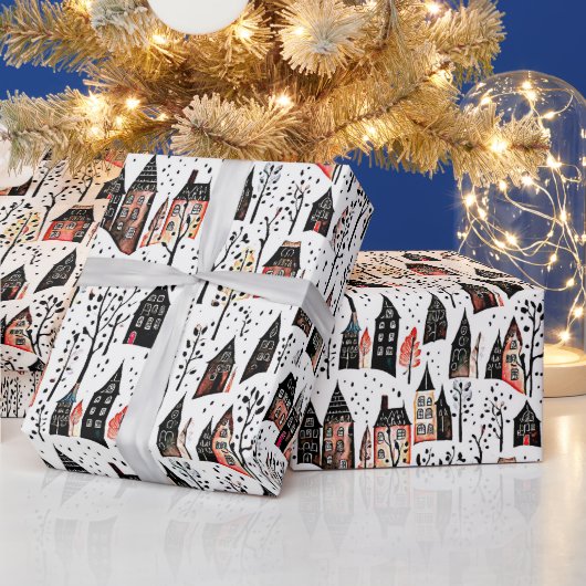 Winterdorpen schetsen kerstpatroon cadeaupapier (Feestdagen)