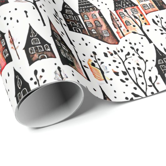 Winterdorpen schetsen kerstpatroon cadeaupapier (Rol Hoek)