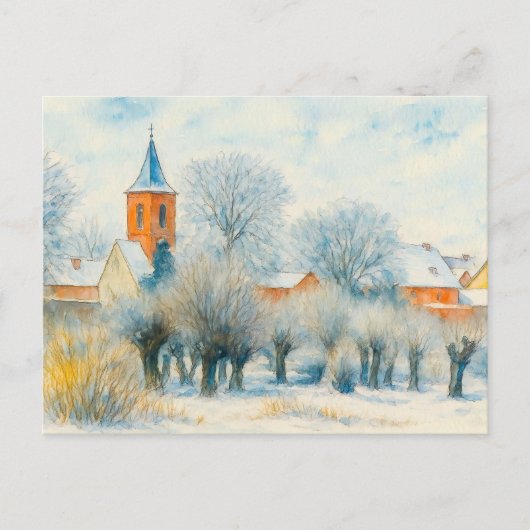 Winterdorpscène aquarell havelland feestdagenkaart (Voorkant)
