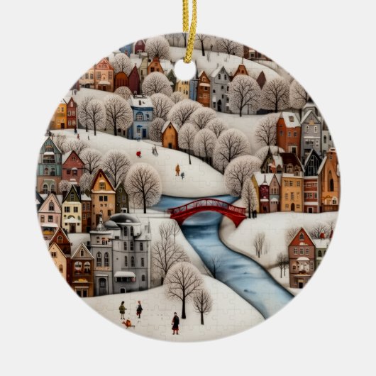 Winterdorpsscene Cozy Besneeuwde Stad Keramisch Ornament (Voorkant)