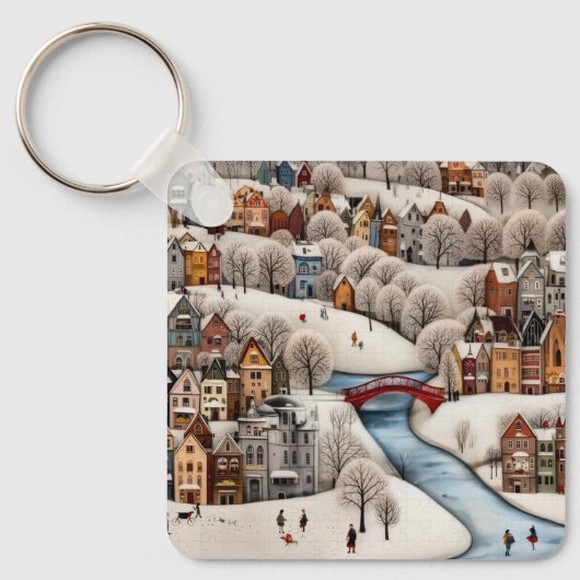 Winterdorpsscene Cozy Besneeuwde Stad Sleutelhanger (Voorkant)