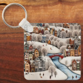 Winterdorpsscene Cozy Besneeuwde Stad Sleutelhanger (Voorkant)
