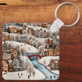 Winterdorpsscene Cozy Besneeuwde Stad Sleutelhanger (Achterkant)
