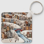 Winterdorpsscene Cozy Besneeuwde Stad Sleutelhanger (Achterkant)