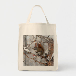 Wintereekhoorn, sneeuw- en rode kerstontwerpen tote bag