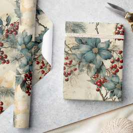 winterelegantie, rode bessen & grijze bloemen cadeaupapier
