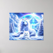Winterfantasie met mooie eenhoorn en kitten canvas afdruk (Voorkant)