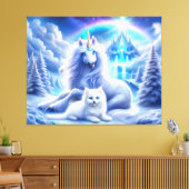 Winterfantasie met mooie eenhoorn en kitten canvas afdruk (Insitu (Woonkamer))