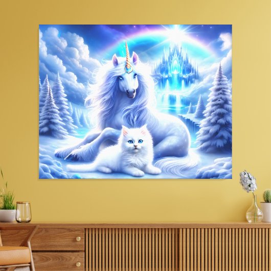 Winterfantasie met mooie eenhoorn en kitten canvas afdruk (Insitu (Woonkamer))