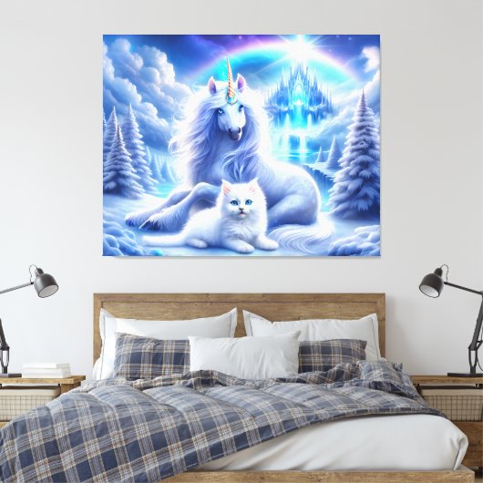 Winterfantasie met mooie eenhoorn en kitten canvas afdruk (Insitu (Slaapkamer))