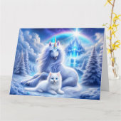 Winterfantasie met mooie eenhoorn en kitten kaart (Gele Bloem)