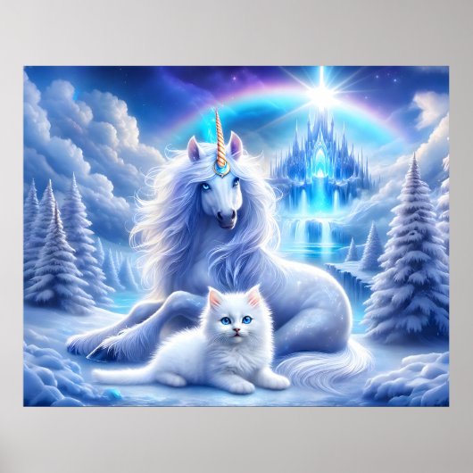 Winterfantasie met mooie eenhoorn en kitten poster (Voorkant)