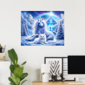 Winterfantasie met mooie eenhoorn en kitten poster (Thuiskantoor)