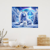 Winterfantasie met mooie eenhoorn en kitten poster (Keuken)