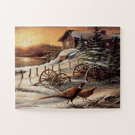 Winterfazant Zonsondergang Meer Cottage Wild Vogel Legpuzzel (Horizontaal)