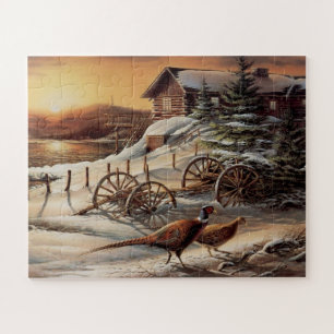 Winterfazant Zonsondergang Meer Cottage Wild Vogel Legpuzzel
