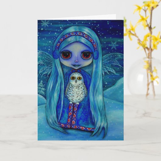 Winterfee met oorkappen en sneeuwuil Vriend Kaart (Gele Bloem)