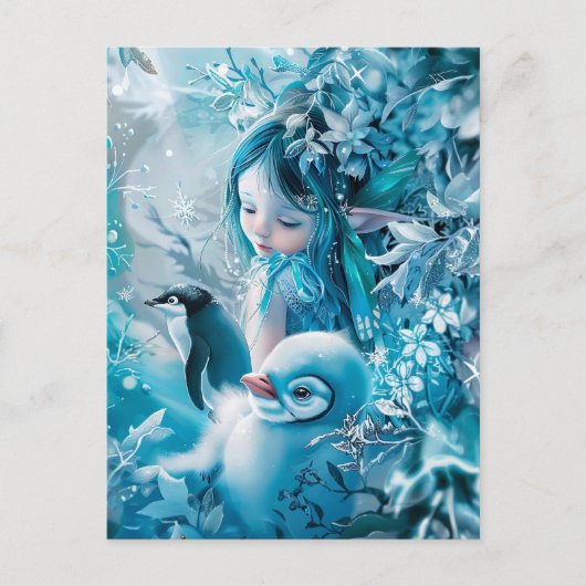 Winterfee met pinguïn metgezel briefkaart (Voorkant)