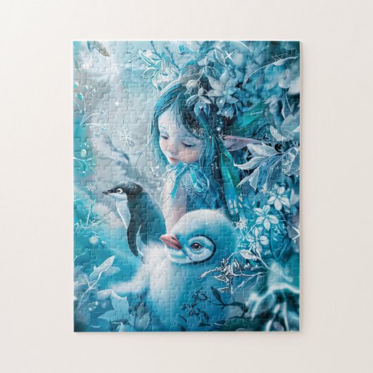 Winterfee met pinguïn metgezel legpuzzel (Verticaal)
