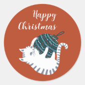 Winterfeest Kerstcadeau Kat  Ronde Sticker (Voorkant)