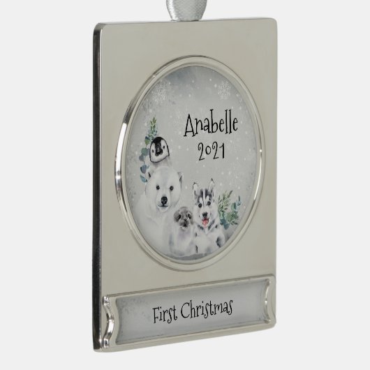 Winterfeestdag Arctisch dier 1 Kerstmis Verzilverd Banner Ornament (Rechts)